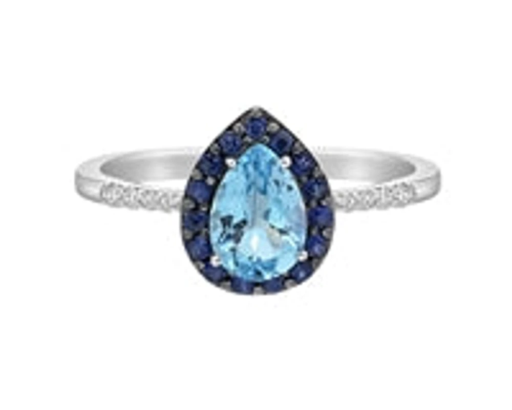 10K White Gold 7x5mm Pear Cut Sky Blue Topaz with Blue Sapphire Halo and 0.10cttw Diamond Ring - Size 7
