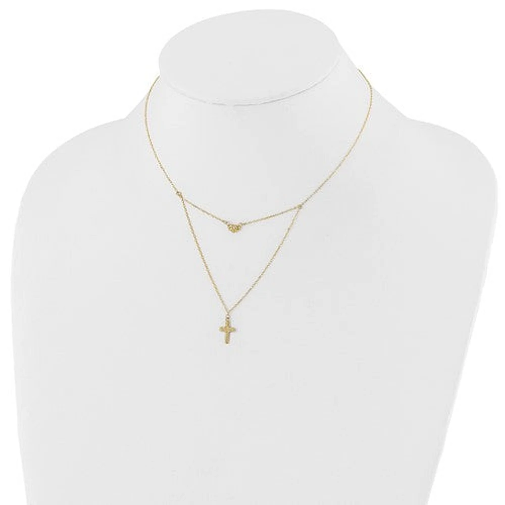 14k Polished 2-Strand Diamond Cut Cross and Heart with 2in. Ext. Necklace - 16-18 Inches