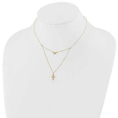14k Polished 2-Strand Diamond Cut Cross and Heart with 2in. Ext. Necklace - 16-18 Inches