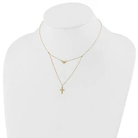 14k Polished 2-Strand Diamond Cut Cross and Heart with 2in. Ext. Necklace - 16-18 Inches