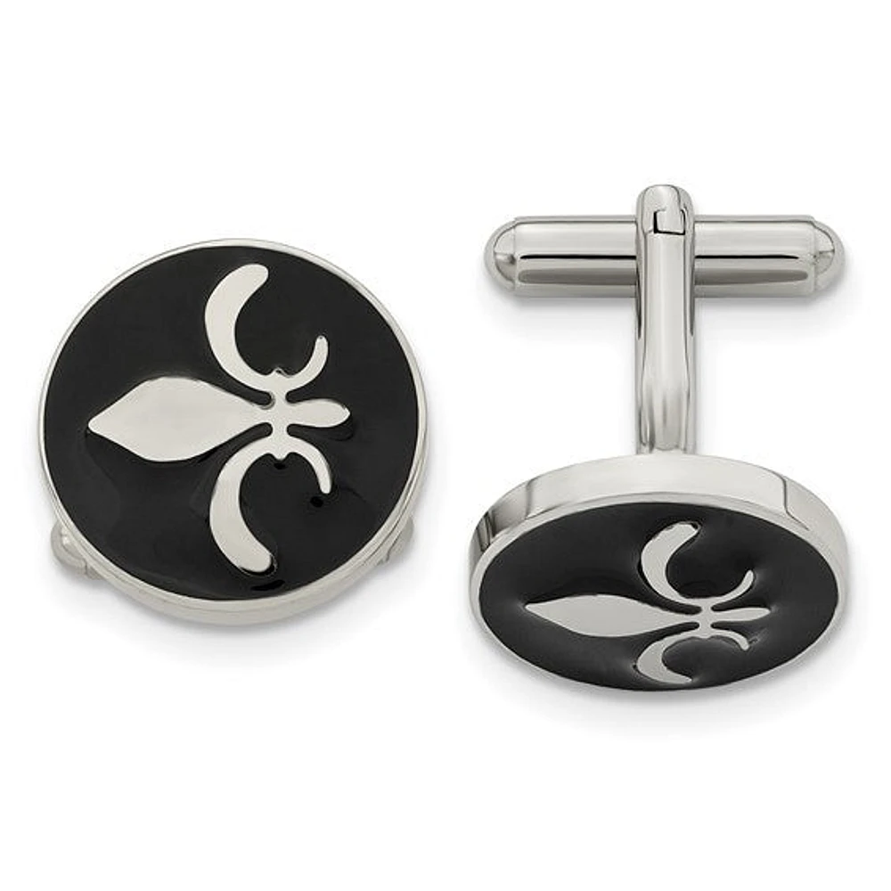 Stainless Steel Polished Enameled with Fleur de lis Circle Cufflinks