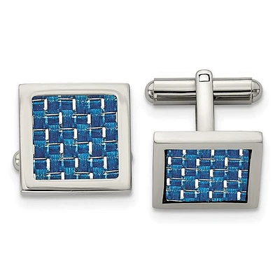 Stainless Steel Polished with Blue Carbon Fiber Inlay Square Cufflinks
