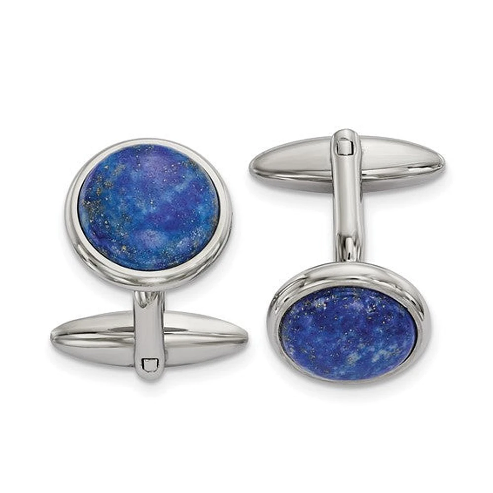 Stainless Steel Polished Lapis Circle Cufflinks