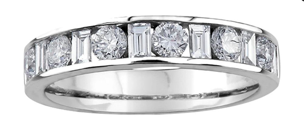 14K White Gold Baguette and Round Brilliant Cut Channel Set Diamond Band