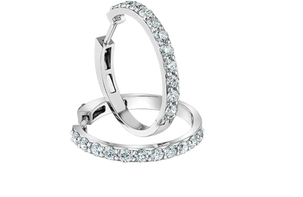 14K White Gold Lab Grown Diamond Claw Set Style Hoops - Carat Total /