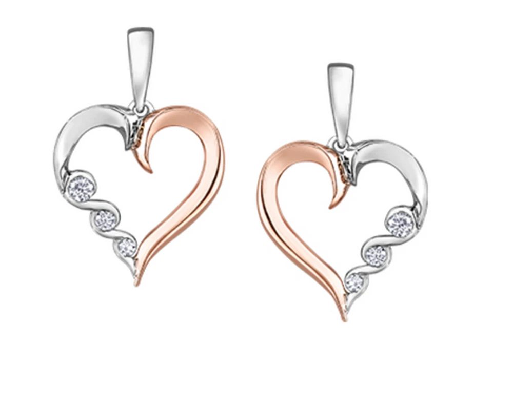 10K White & Rose Gold 0.14cttw Diamond Heart Drop Earrings 