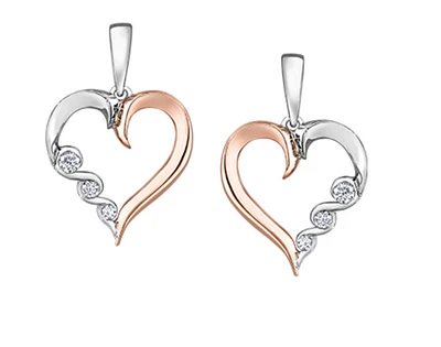 10K White & Rose Gold 0.14cttw Diamond Heart Drop Earrings 