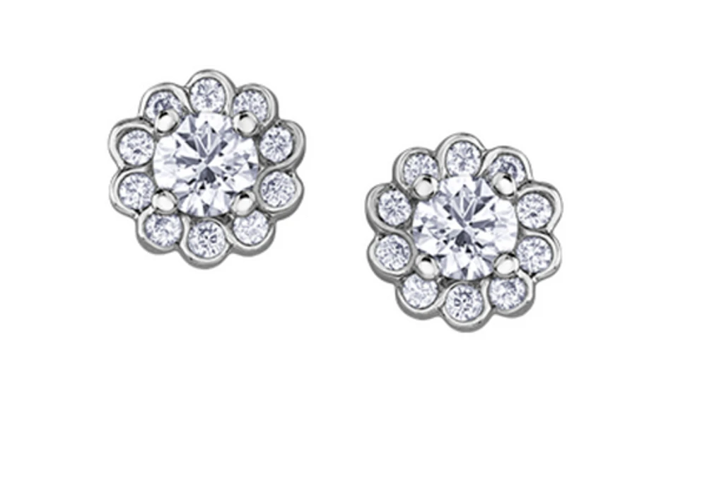 14K White Gold Diamond Cluster Stud Earrings - Carat Total /