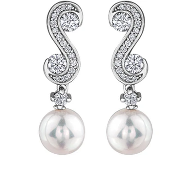 14K White Gold 8mm Cultured Pearl and 0.66cttw Diamond Earrings