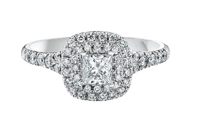 18K White Gold/Palladium Alloy (hypoallergenic) 0.91cttw Princess Double Halo Diamond Ring - Gold /