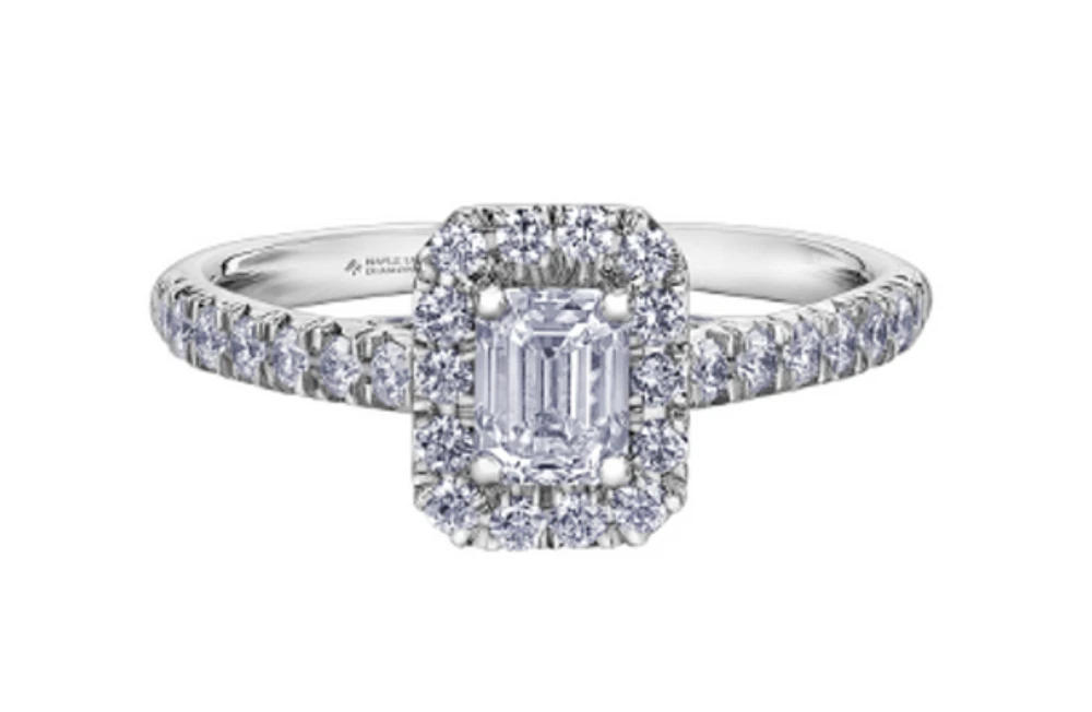 18K White Gold/Palladium Alloy (hypoallergenic) 1.00cttw Emerald Cut Halo Diamond Ring - Gold /