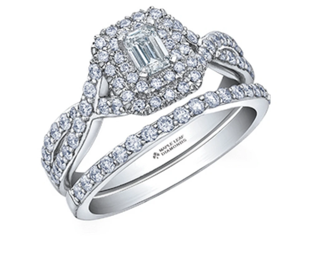 18K White Gold/Palladium Alloy (hypoallergenic) 1.00cttw Emerald Cut Double Halo Diamond Ring - Gold /