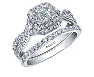 18K White Gold/Palladium Alloy (hypoallergenic) 1.00cttw Emerald Cut Double Halo Diamond Ring - Gold /