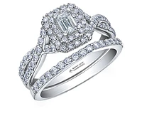 18K White Gold/Palladium Alloy (hypoallergenic) 1.00cttw Emerald Cut Double Halo Diamond Ring - Gold /