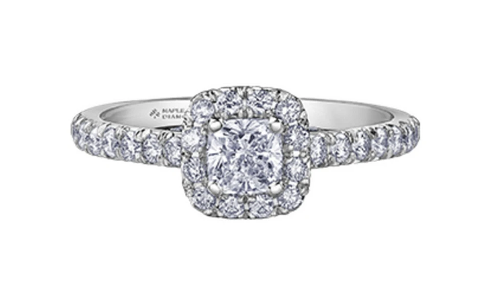 18K White Gold/Palladium Alloy (hypoallergenic) 1.00cttw Cushion Shape Halo Diamond Ring - Gold /