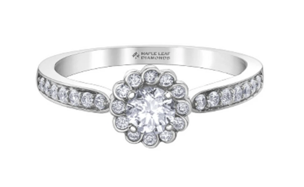 18K White Gold/Palladium Alloy (hypoallergenic) 0.60cttw Round Brilliant Diamond Halo Ring - Gold