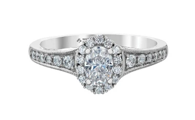 18K White Gold/Palladium Alloy (hypoallergenic) 0.90cttw Oval Shape Diamond Halo Ring - Gold /