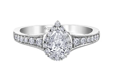 18K White Gold/Palladium Alloy (hypoallergenic) 0.90cttw Pear Shape Diamond Halo Ring - Gold /