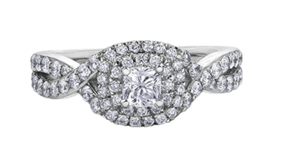 18K White Gold/Palladium Alloy (hypoallergenic) 1.00cttw Cushion Shape Double Halo Diamond Ring - Gold /