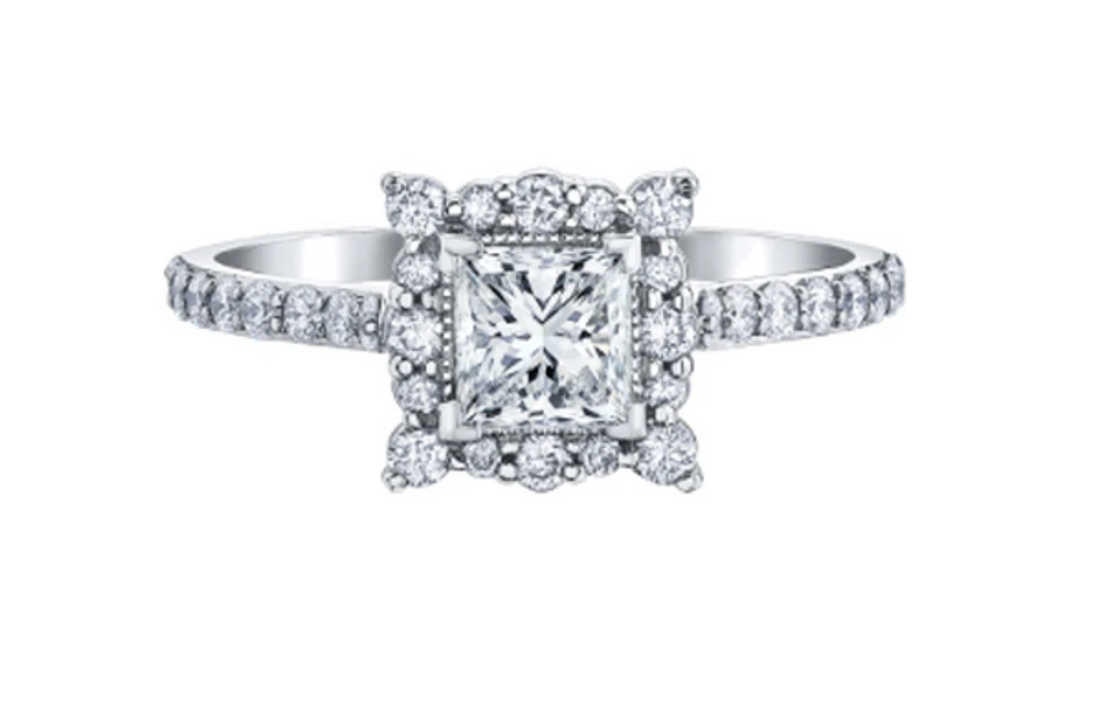 18K White Gold/Palladium Alloy (hypoallergenic) Princess Cut Halo Diamond Ring - Carat Total