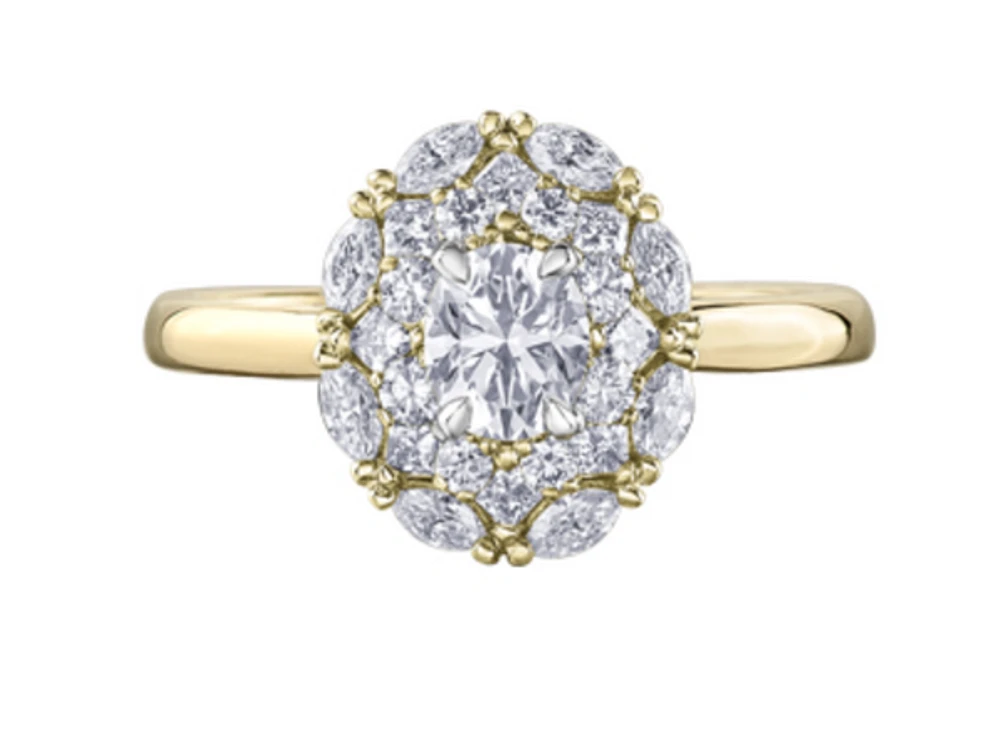 18K Yellow Gold/Palladium Alloy (hypoallergenic) 1.18cttw Round Brilliant Halo Diamond Ring