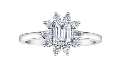 18K White Gold/Palladium Alloy (hypoallergenic) 1.01cttw Emerald Cut Halo Diamond Ring