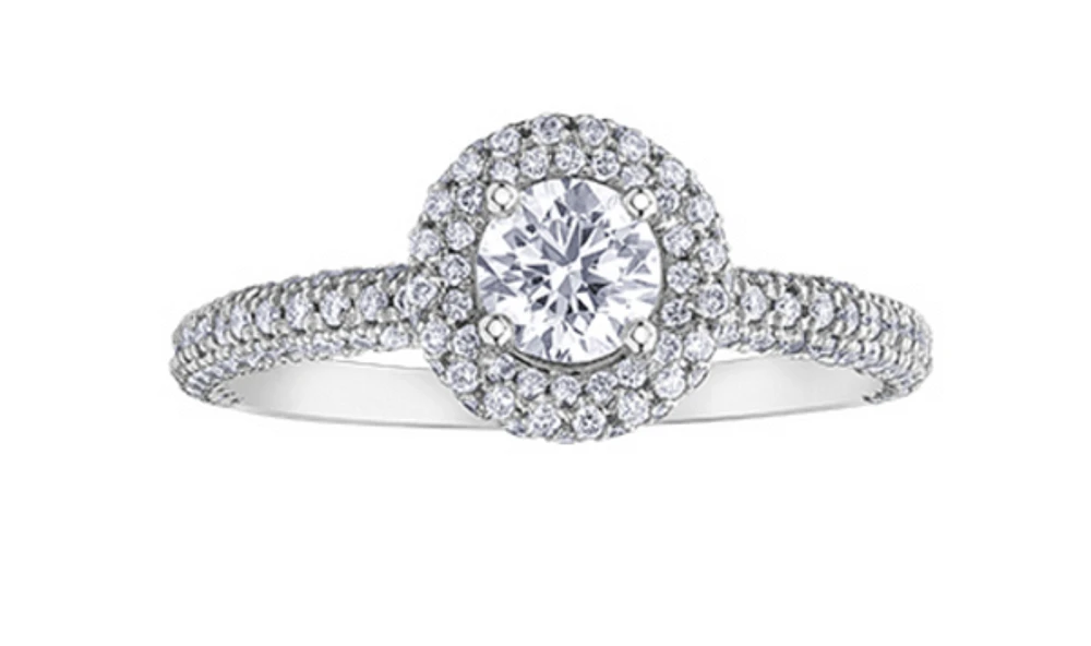 18K White Gold/Palladium Alloy (hypoallergenic) 1.70cttw Round Brilliant Halo Diamond Ring