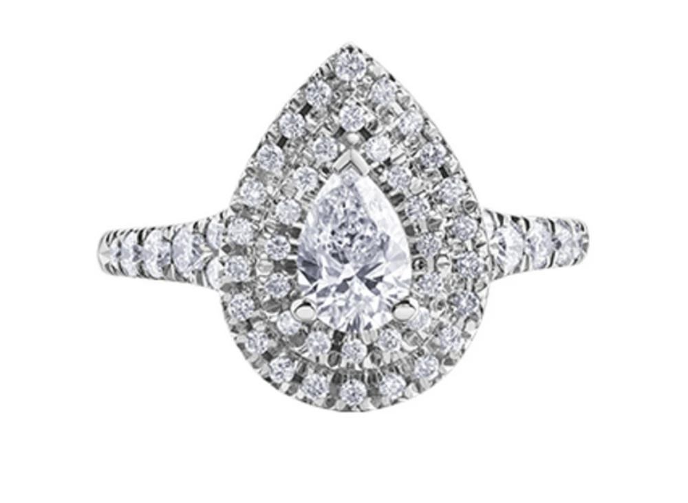 18K White Gold/Palladium Alloy (hypoallergenic) 1.00cttw Pear Shape Double Halo Diamond Ring