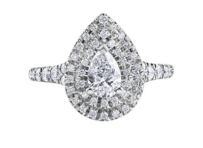 18K White Gold/Palladium Alloy (hypoallergenic) 1.00cttw Pear Shape Double Halo Diamond Ring