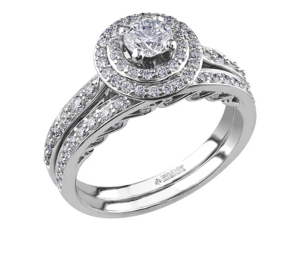 18K White Gold/Palladium Alloy (hypoallergenic) 0.90cttw Round Brilliant Double Halo Diamond Ring
