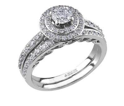 18K White Gold/Palladium Alloy (hypoallergenic) 0.90cttw Round Brilliant Double Halo Diamond Ring