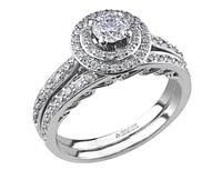 18K White Gold/Palladium Alloy (hypoallergenic) 0.90cttw Round Brilliant Double Halo Diamond Ring