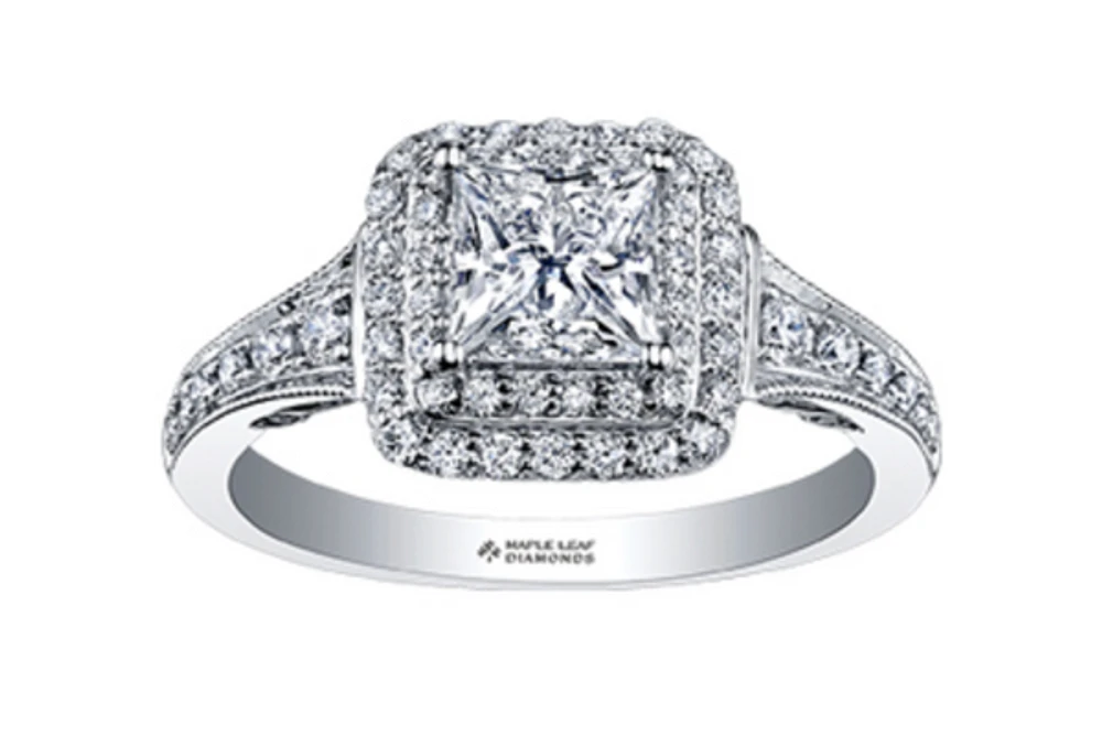 18K White Gold/Palladium Alloy (hypoallergenic) 0.65-1.50cttw Princess Shape Double Halo Diamond Ring - / Carat Total 5