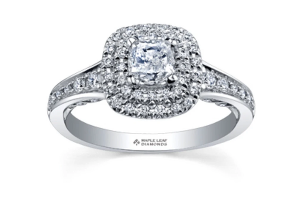 18K White Gold/Palladium Alloy (hypoallergenic) 0.65-1.50cttw Cushion Cut Double Halo Diamond Ring - / Carat Total