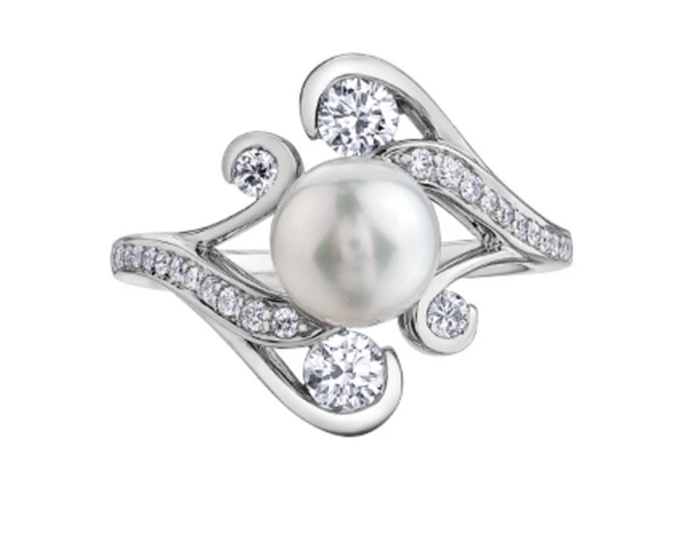18K White Gold & Palladium (hypoallergenic) 0.59cttw Diamond and Pearl Ring