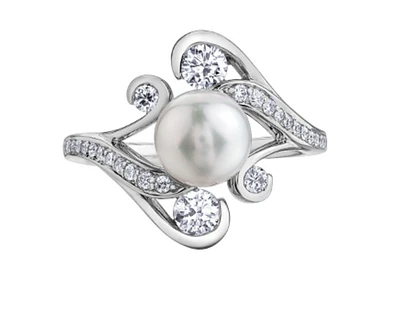 18K White Gold & Palladium (hypoallergenic) 0.59cttw Diamond and Pearl Ring