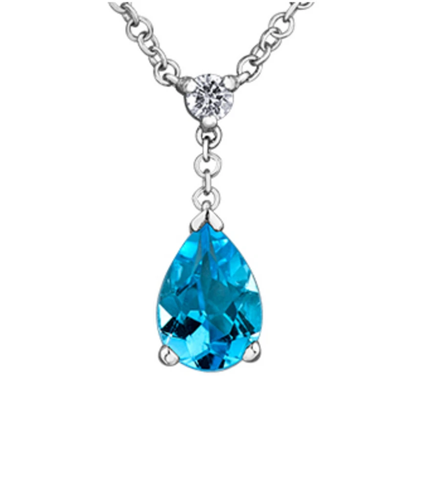 10K White Gold Pear Shape Blue Topaz and 0.04cttw Canadian Diamond Necklace