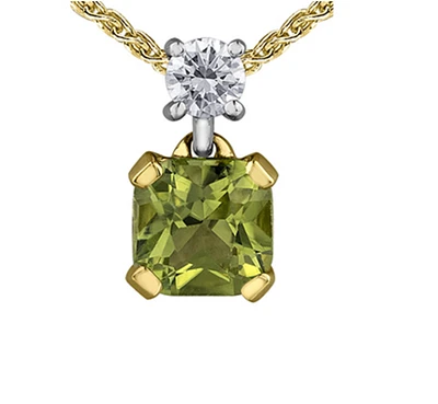 14K Yellow Gold Cushion Cut Peridot & 0.08cttw Canadian Diamond Pendant, 18" Box Chain