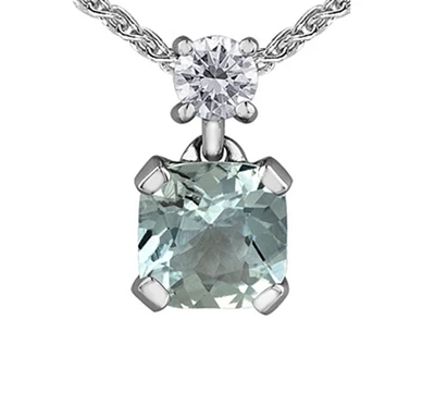 14K White Gold  Cushion Cut Aquamarine and 0.08cttw Canadian Diamond Pendant