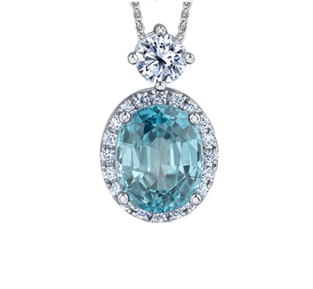 18K White Gold & Palladium Alloy(hypoallergenic) 12X10mm Genuine Oval Cut Blue Zircon and 1.04cttw Diamond Pendant