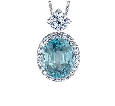 18K White Gold & Palladium Alloy(hypoallergenic) 12X10mm Genuine Oval Cut Blue Zircon and 1.04cttw Diamond Pendant