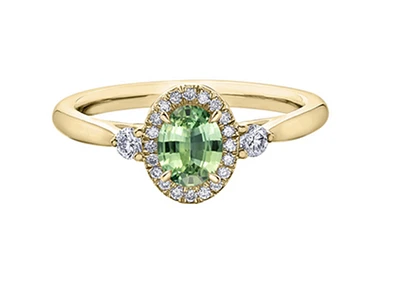 14K Yellow Gold 0.21cttw Canadian Diamond & Oval Shape Green Sapphire Ring, 6.5
