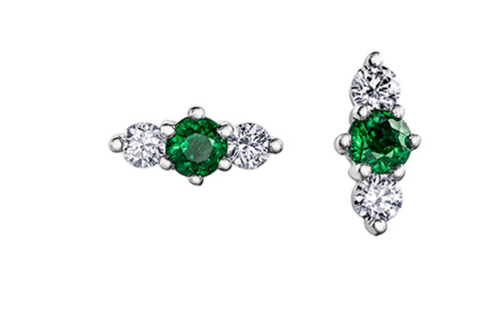 14K White Gold 0.40cttw (3mm) Emerald & 0.16cttw Diamond Earring