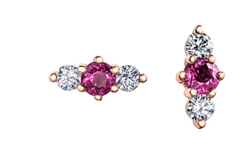 14K Yellow Gold 3mm Pink Sapphire and 0.16cttw Diamond Stud Earrings