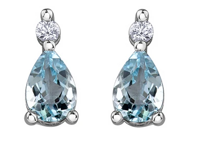 14K White Gold Pear Shape Aquamarine and 0.04cttw Diamond Stud Earrings