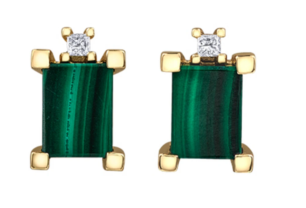 10K Yellow Gold Genuine Malachite & 0.08cttw Canadian Diamond Stud Earrings