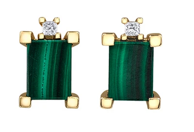 10K Yellow Gold Genuine Malachite & 0.08cttw Canadian Diamond Stud Earrings