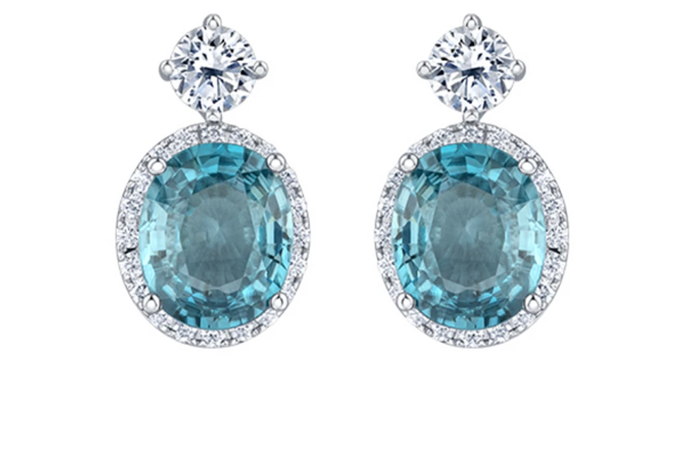 18K White Gold & Palladium Alloy(hypoallergenic) 12mmX10mm Genuine Oval Cut Blue Zircon and 2.08cttw Diamond Dangle Earrings