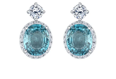 18K White Gold & Palladium Alloy(hypoallergenic) 12mmX10mm Genuine Oval Cut Blue Zircon and 2.08cttw Diamond Dangle Earrings