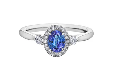 14K White Gold Genuine Oval Shape Tanzanite and 0.21cttw Canadian Diamond Ring, 6.5